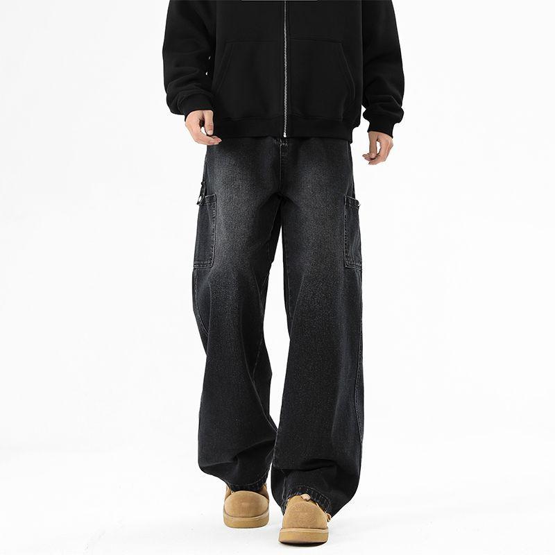 American High Street Trendy Brand Big Pocket Tooling Jeans Men's Trend Loose Wide Leg Drape Straight Trousers Men