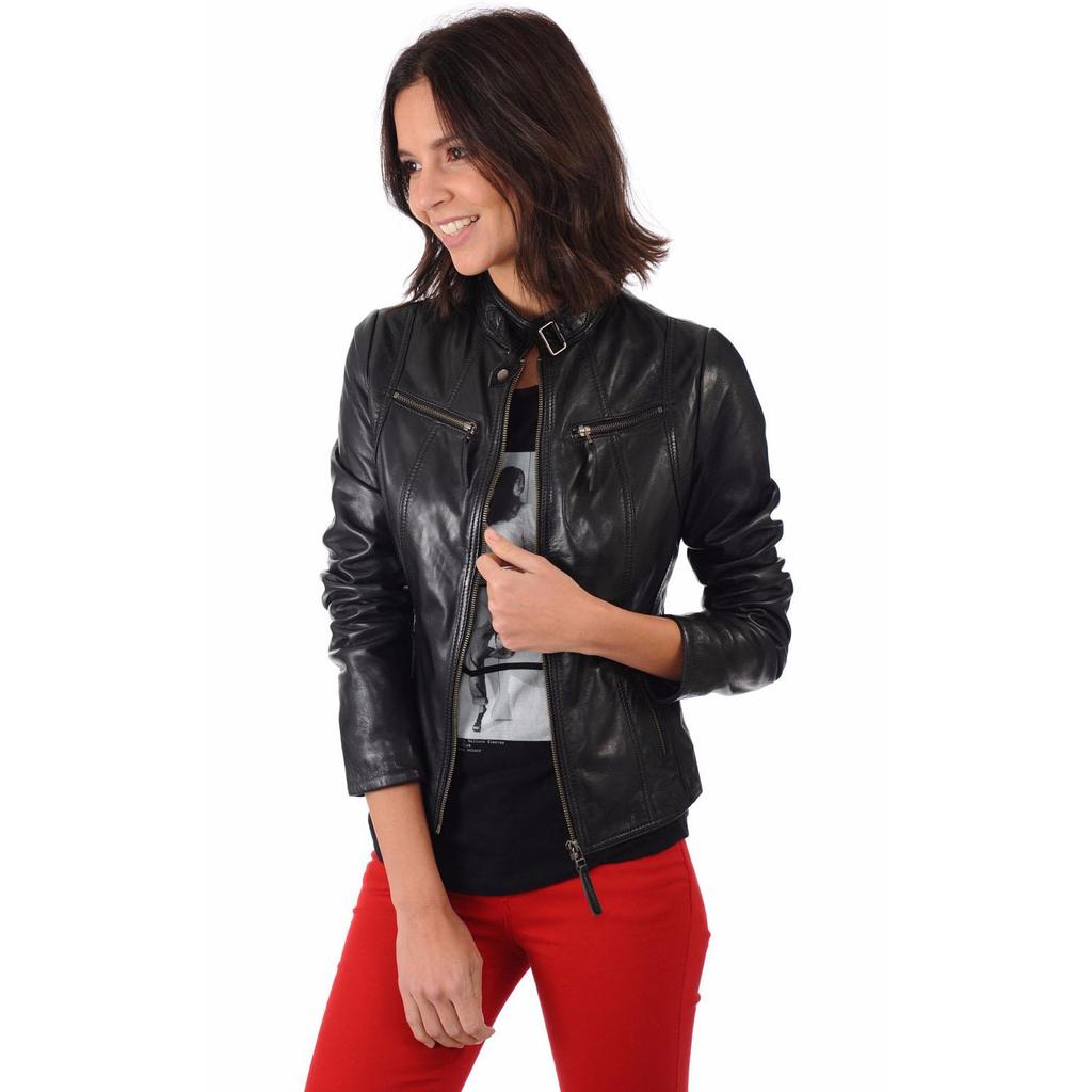SKINOUTFIT Damen Weiche Echtlederjacke Motorrad Schwarz Biker Slim Fit Lammlederjacke