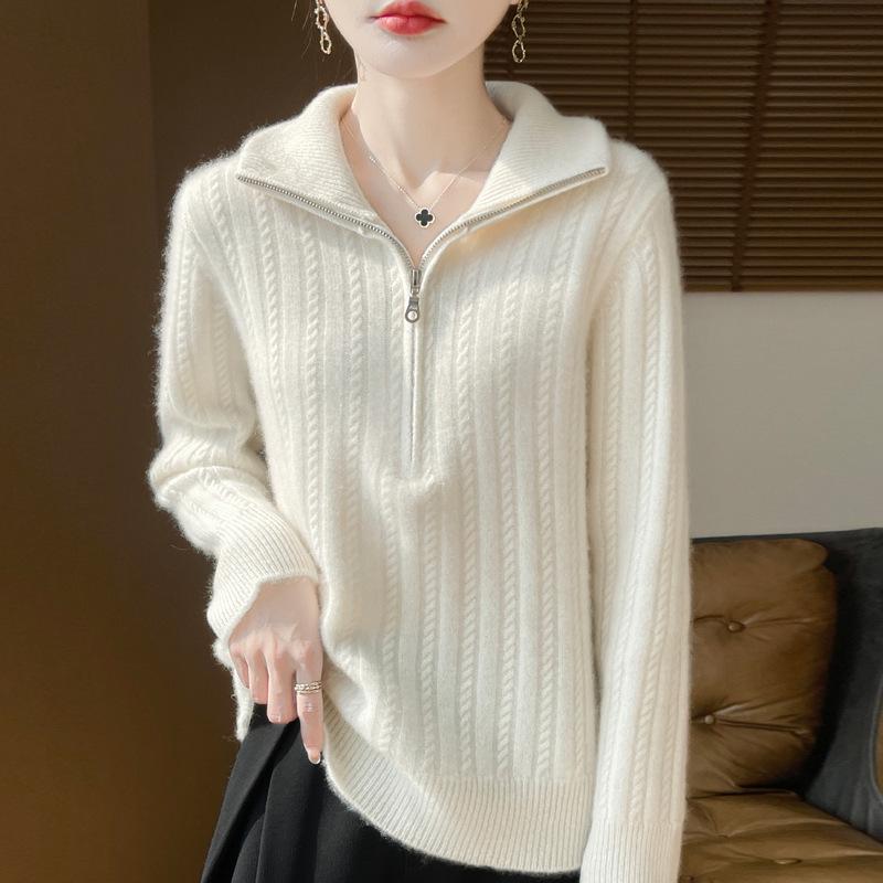 Women's 100% Pure Wool Thickened Half-Zip Cable Knit Cardigan