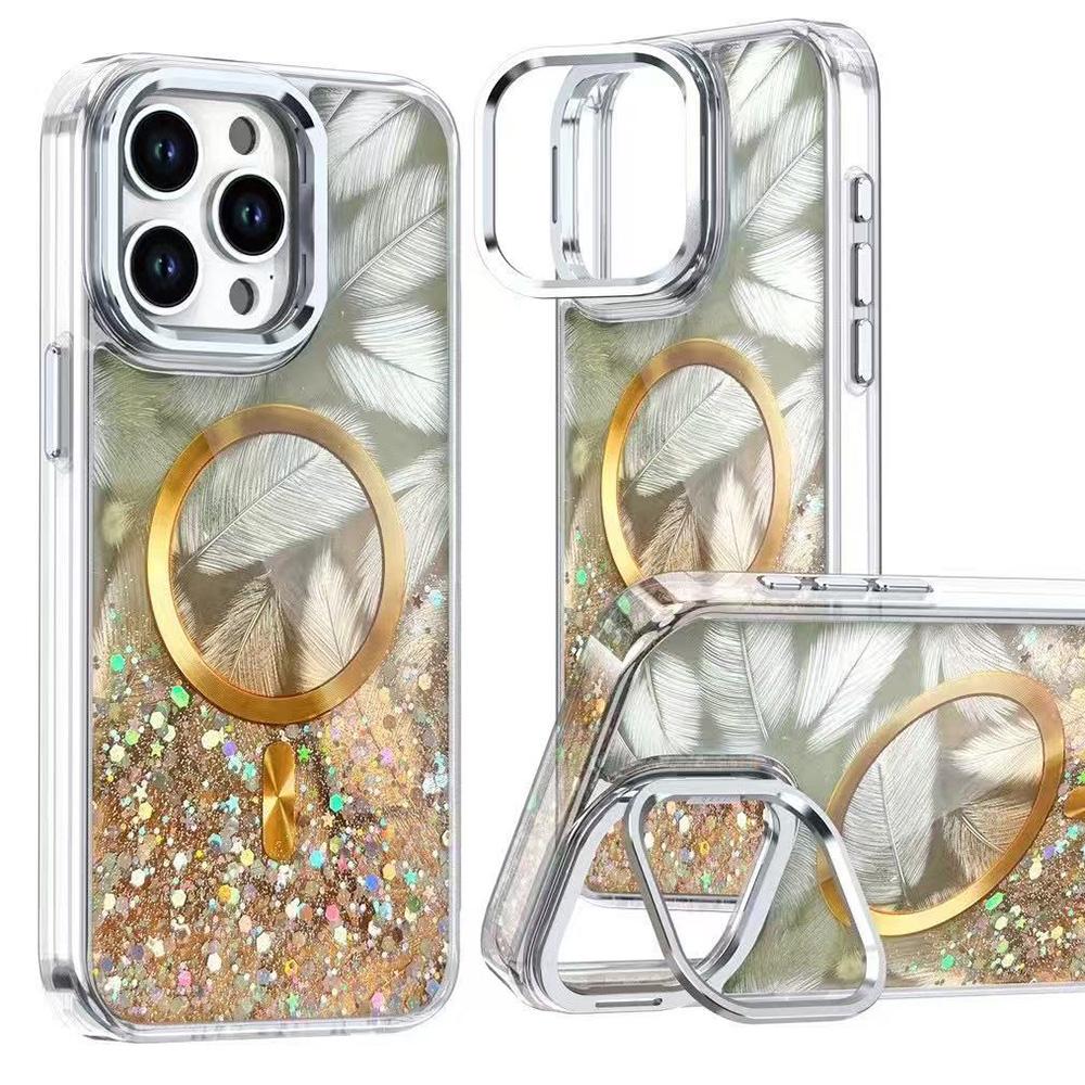 

MOBEST Для iPhone 15 Pro Магнітний чохол Рамка об єктива Підставка Епоксидний дизайн TPU+PC Задня кришка телефону Gold