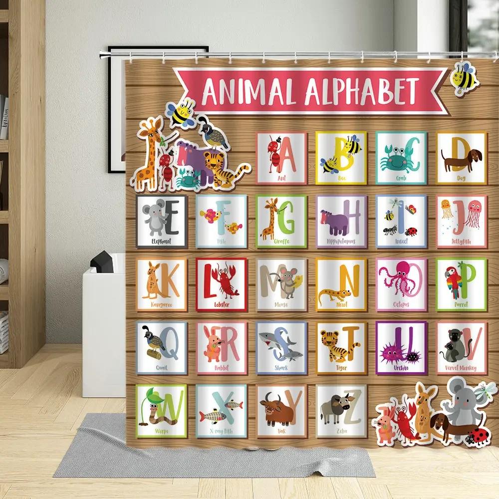 Cartoons Funny Animal Alphabet Shower Curtain Kids Learning Baby Child Bathroom Decor Screens Waterproof Bath Curtains With Hook