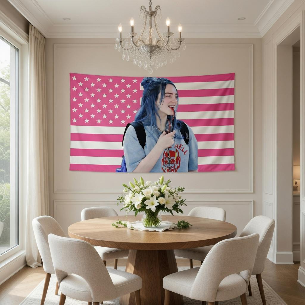 Virales Billie Eilish Blaues Haar Wandteppich Rosa Amerikanische Flagge - Premium Flachdruck Wandbehang Dekoration