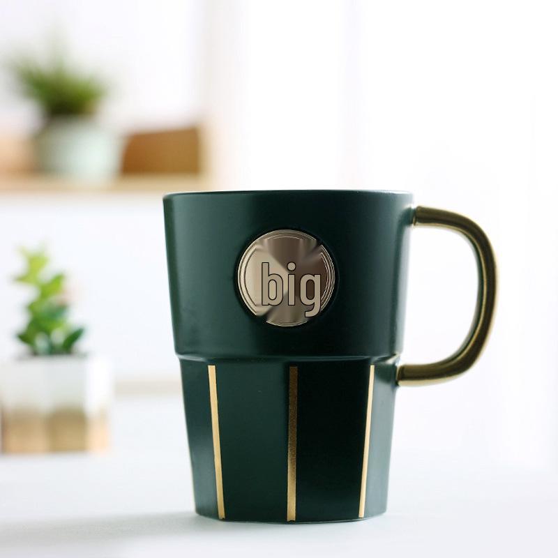 Green Seal Ceramic Mug with Gold Trim, Nordic Style, Customizable Logo. 301—400ml
