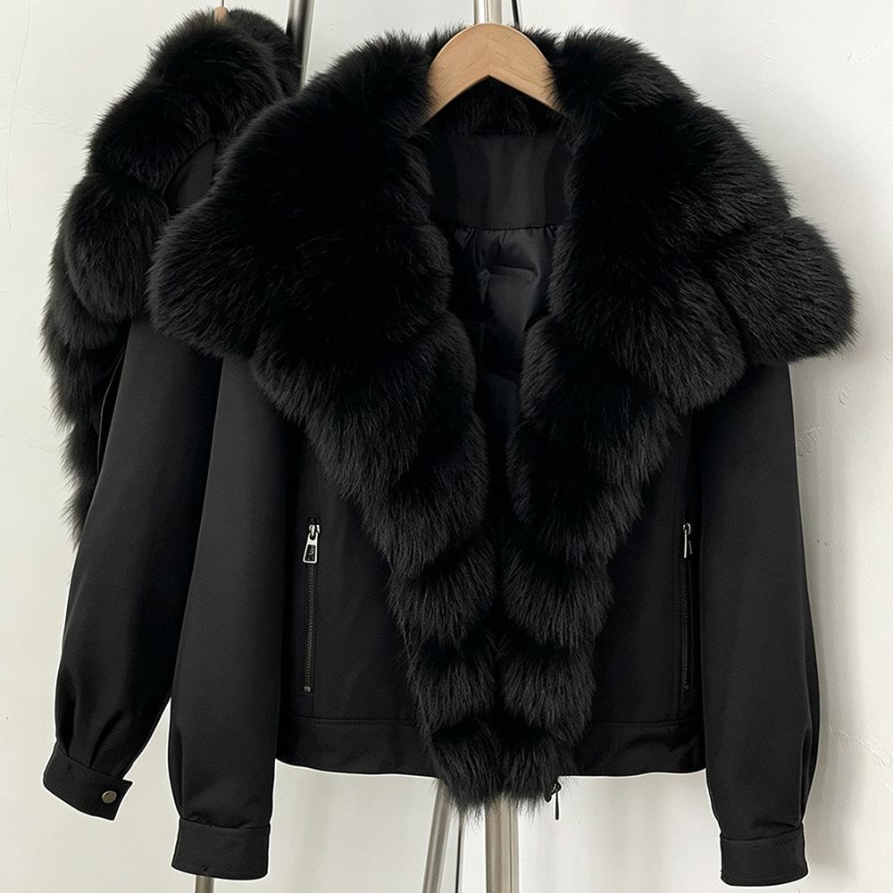 American retro casual thickened warm jacket for women's winter new natural real fox fur collar duck down jacket