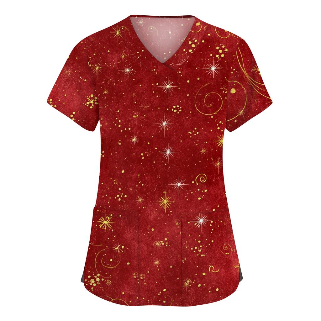 Women's Fashion V-neck Short Sleeve Workwear With Pockets Christmas Printed Tops