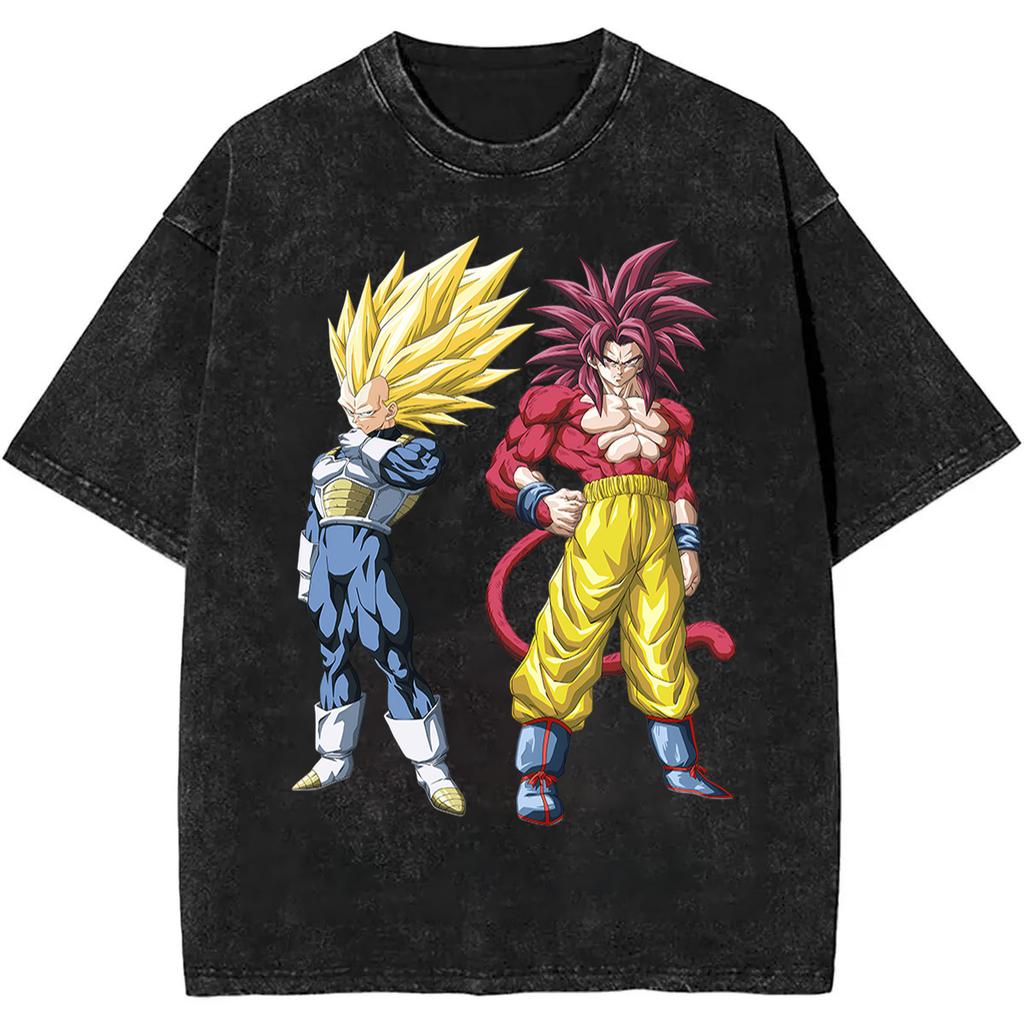Summer Dragon Ball Vintage T-Shirt Heavyweight Washed Oversized Unisex Anime Vegeta & SSJ4 Goku Graphic Retro