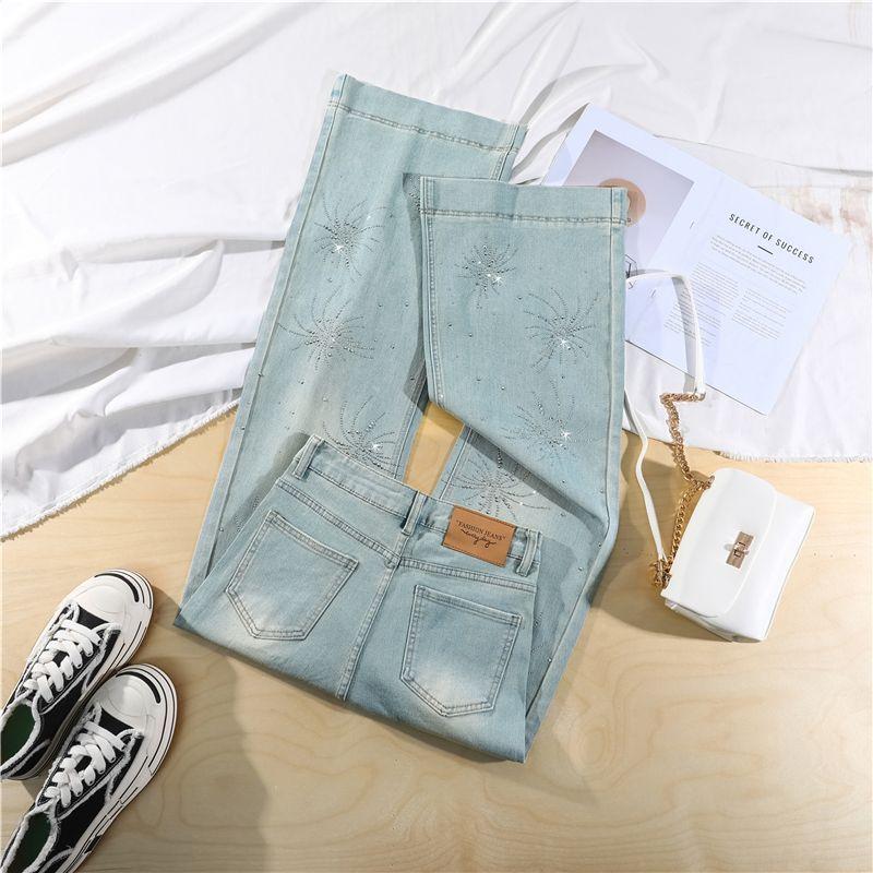 Spring Summer Firework Bling Rhinestone Non Cling Soft Relaxed Micro Flare Denim Pants For Ladies Casual Pants Oversize Denim Trousers