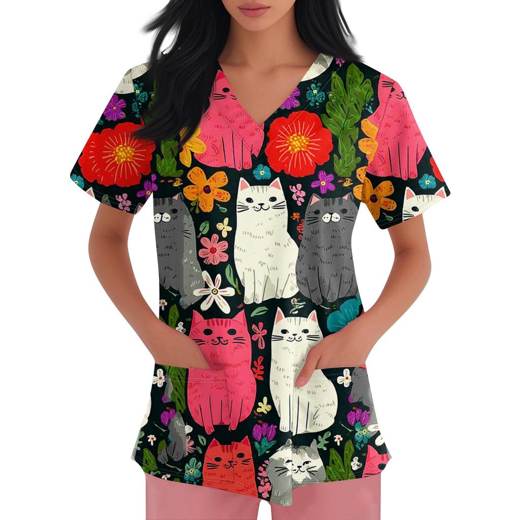 Women's V-neck Printed Short-sleeved Work Clothes With Side-slit Pockets And Uniforms