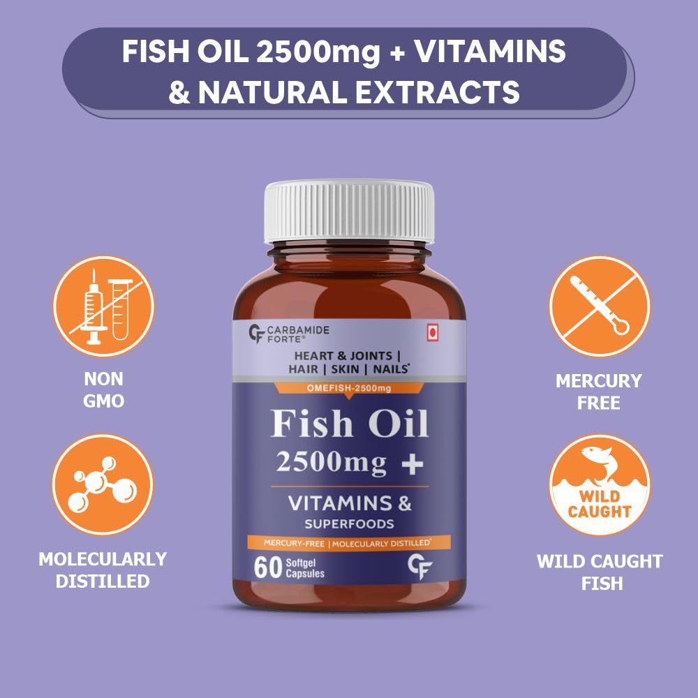 Carbamide Forte Fish Oil 2500 Mg Softgel Capsules For Men And Women With High Strength Omega Support Pack Of 1  60 Capsules Daily Wellness Capsules