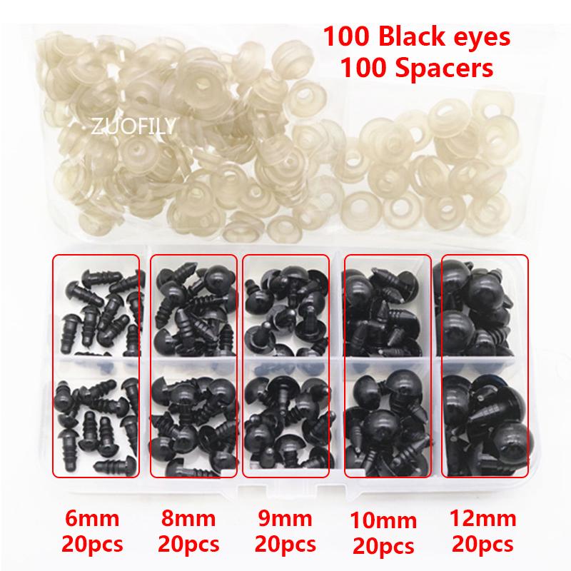 6-14mm Black Plastic Safety Eyes for DIY Crochet Doll Decoration DIY Craft Kit Plush Toy Soft Toy Doll Eyes Accessories 100Pcs
