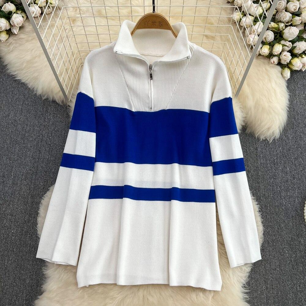 Modny garnitur damski na co dzień ze stójką i zamkiem błyskawicznym w paski, dzianinowy top dwuczęściowy zestaw z wysokim stanem, prostymi rurkami, długimi spodniami z szerokimi nogawkami