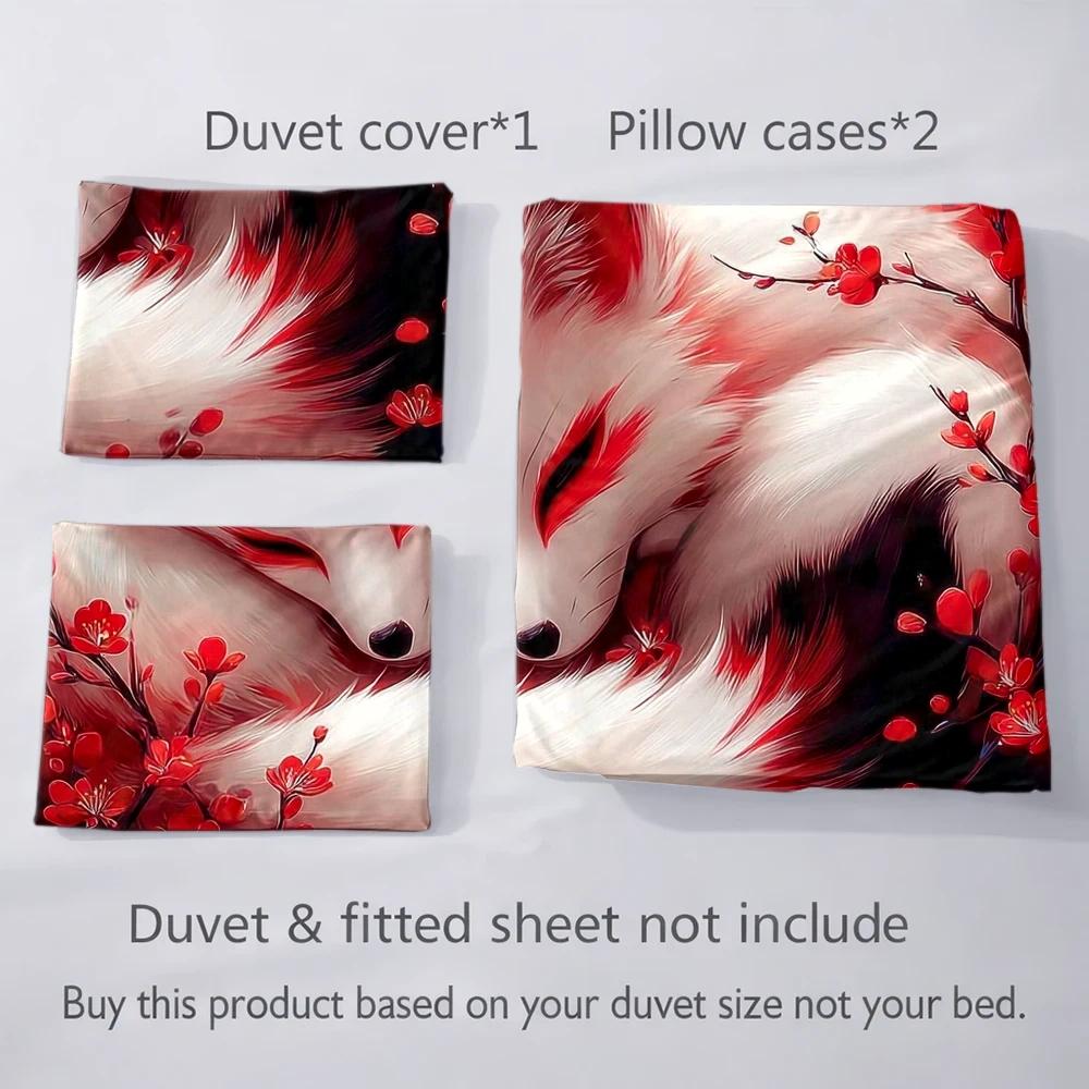 3-Piece Quilt Cover Set, 1 Quilt Cover + 2 Pillowcases (Without Filling), Red Fox Floral Theme, Oriental Art Style, Cherry Blossom Festival,