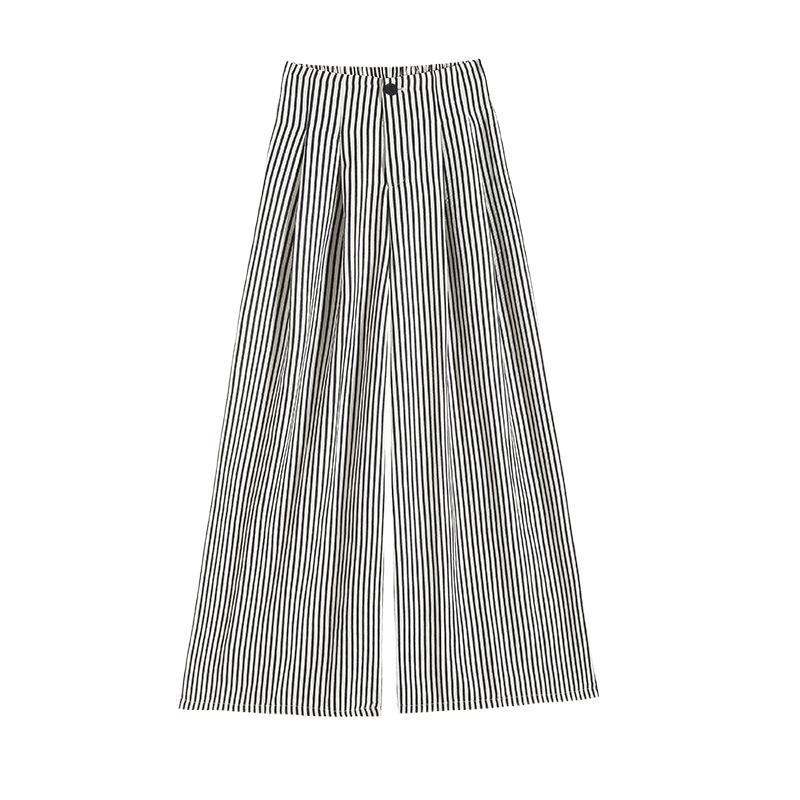 Women's 2026 Summer Ice Silk Striped Wide-Leg Pants: High-Waisted, Loose, Casual, Cotton-Linen, Floor-Length, Straight-Leg Fit
