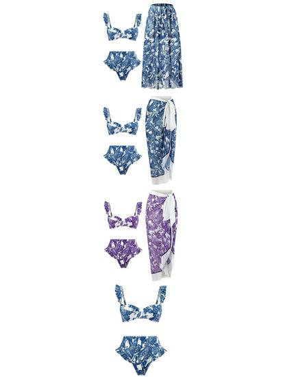 High-Waisted Push-Up Sheer Bikini Three-Piece Swimsuit Set with Long Skirt