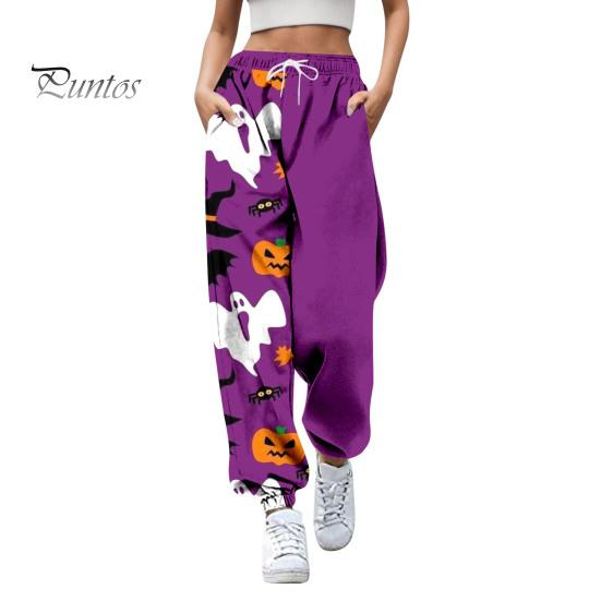 Women Sweatpants Elastic High Waist Adjustable Drawstring Joggers Pants Halloween Pumpkin Print Fitness Pants