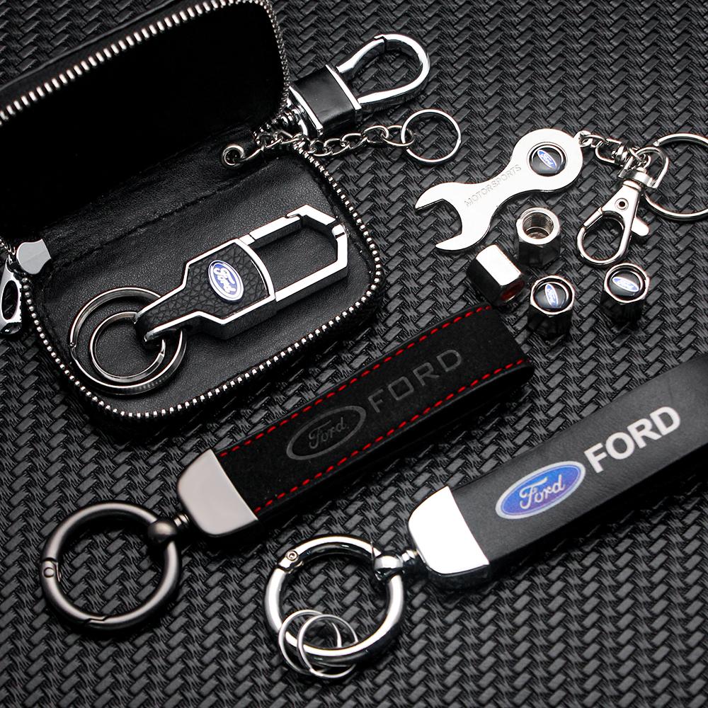 AAAMQ1 Metal Leather Car Keychain Key Ring For Ford Mustang Focus MK7 Fiesta Mondeo Transit Ecosport Escort Auto Tuning Accessories