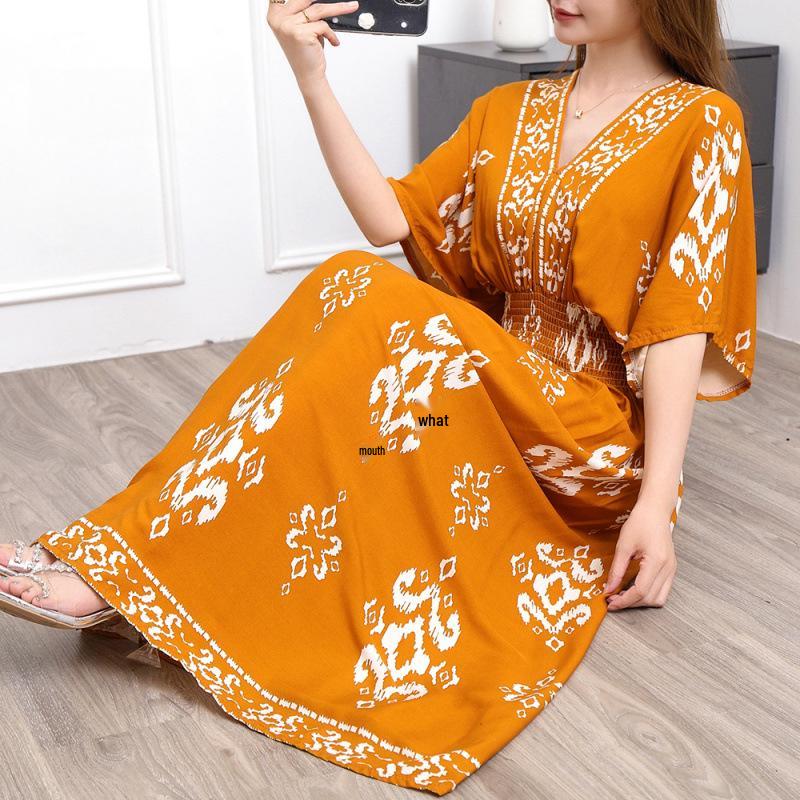 26-Year Floral V-Neck Cotton Silk Batwing Sleeve Beach Dress - Thailand Travel & Vacation Skirt Style