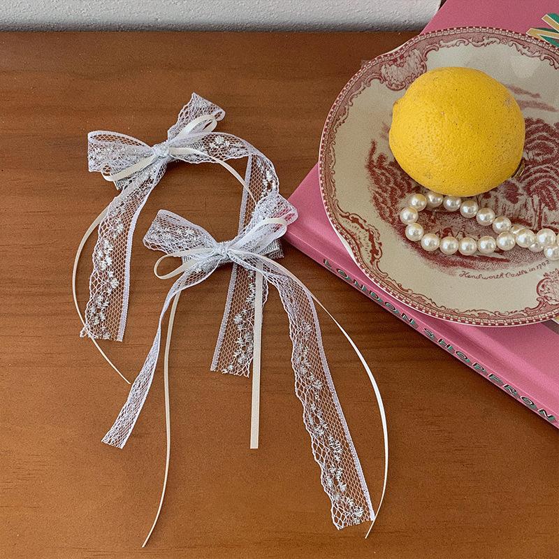 2Pcs Korean Lace Bow Hair Clip Trend Long Ribbon Hairpins Barrettes Headband For Women Girl Hair Accessories