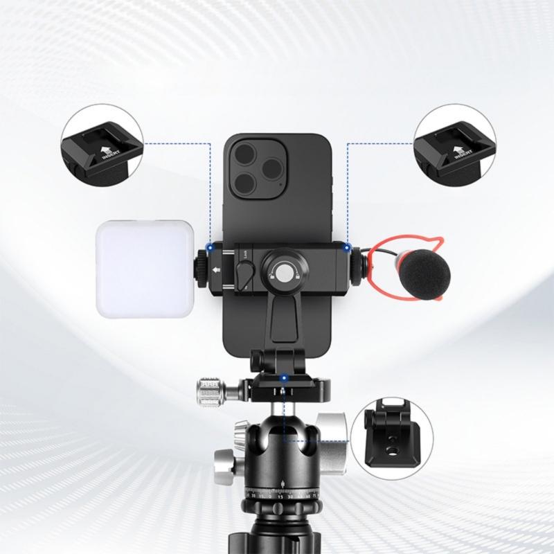 Adjustable Cell Phones Clip Clamp Holder for Photography Built-in Double Cold Shoe Mount Support 360 Degree Rotation