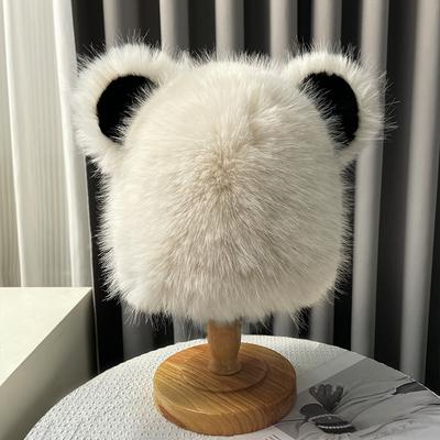Imitation Fox Fur Cute Little Bear Hat for Women In Winter Sweet and Thickened Warm and Ear-protecting Bag Head Hat Showing Face Small Snowstorm Hat
