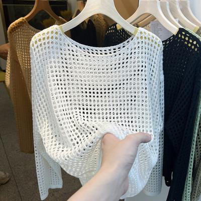 Yousheng Sunscreen Cover Up Round Neck Long Sleeve Solid Color Knitting Tops Loose Fit Hollow Knitted Design Casual Tops