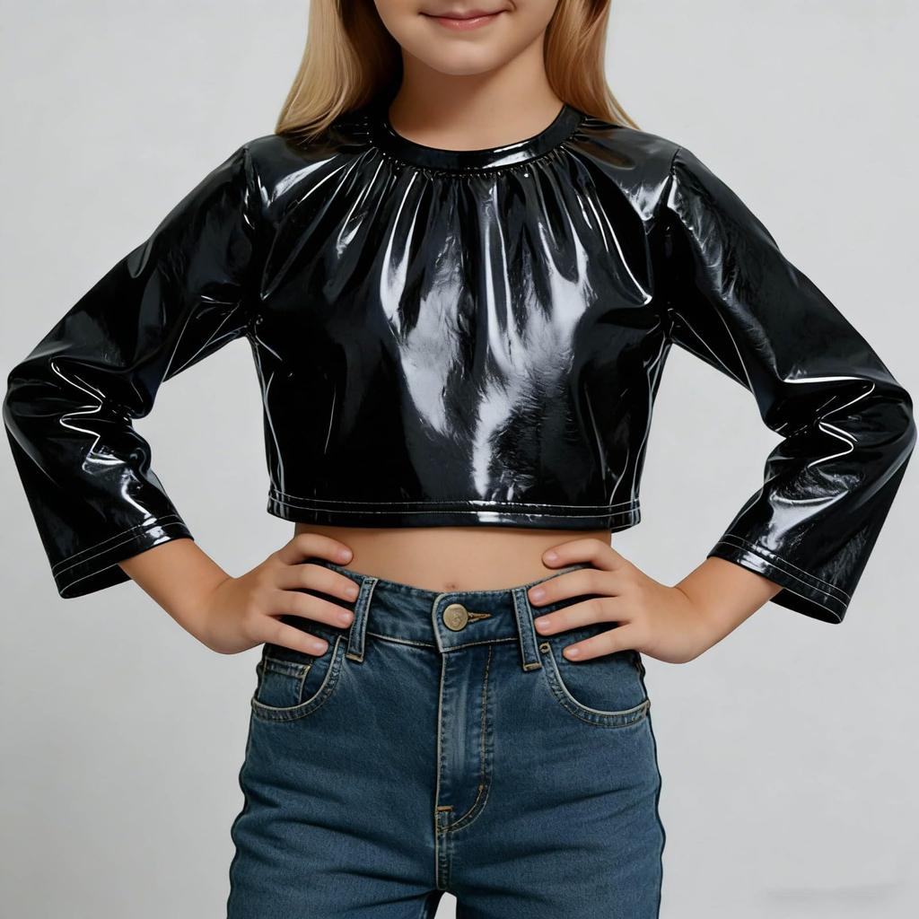 Långärmad tröja för flickor  Glänsande  Kortklippt  Rundhalsad Dans Disco Streetwear  Toppar