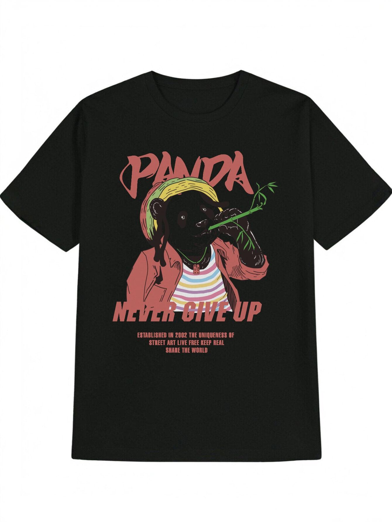 Casual Graphic T-shirt with Panda & Leaf Design S