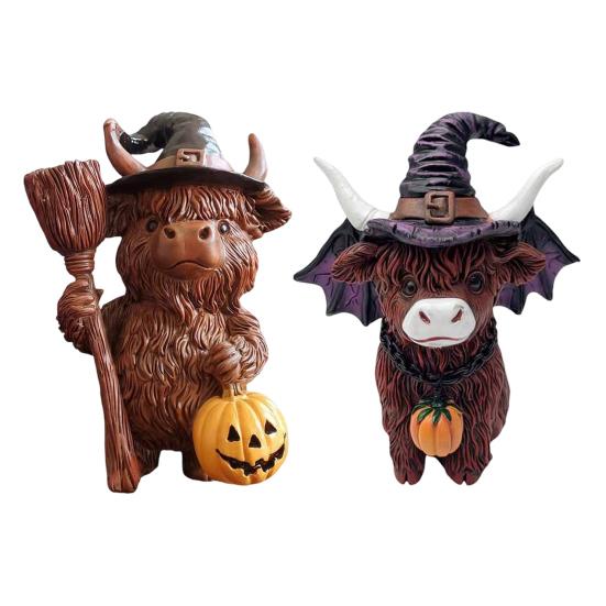2Pcs Halloween Highland Cow Resin Figurine Wizard Hat Pumpkin Broom Cattle Statue Sculpture Holiday Party Decoration Ornament
