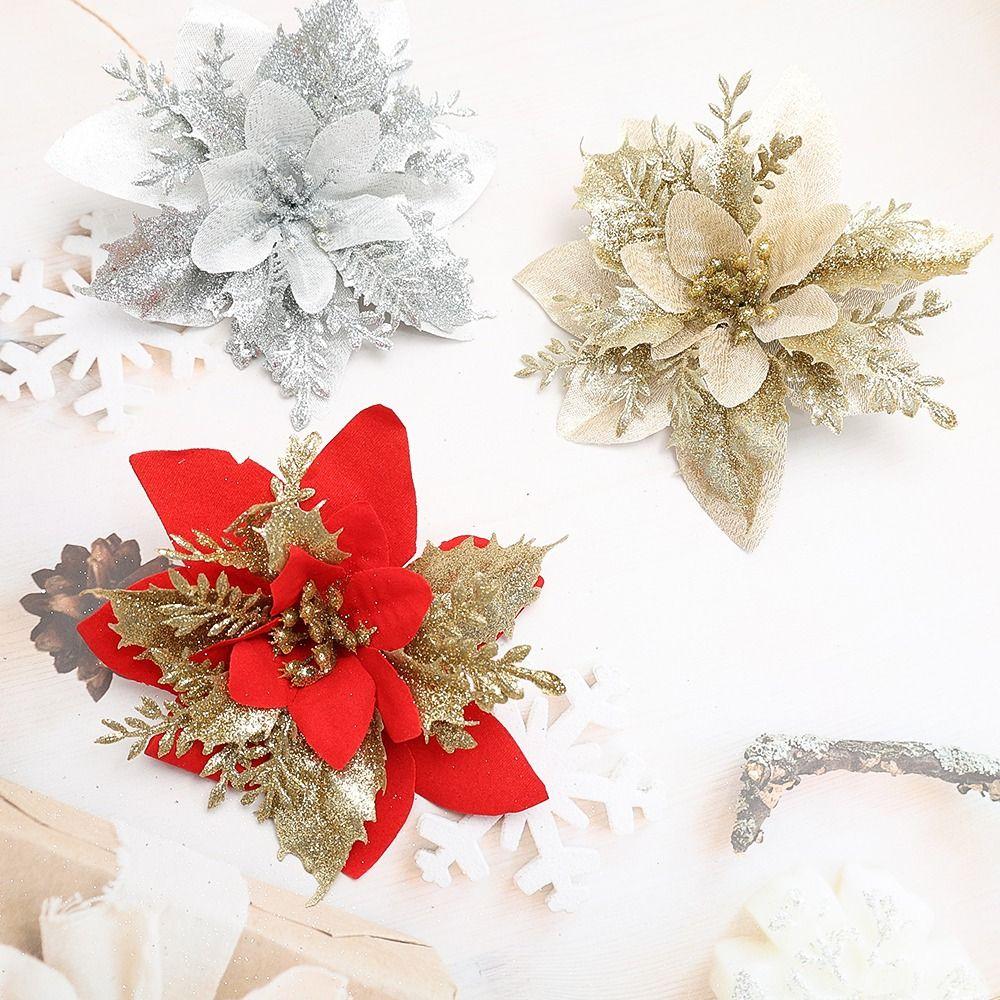 5pcs Shining Gold Powder Flower DIY Christmas Tree Decorations Christmas