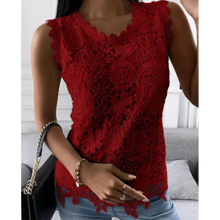 Plus Size Floral Vest Camisole Summer Tops Fashion Lace Blouse Women Jacquard Sleeveless Shirts Casual Women Vintage T-Shirt