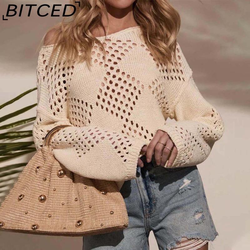 

BITCED Autumn Women s Lace-Up Off-the-Shoulder Long-Sleeved Knitted Jumper XL абрикосовый