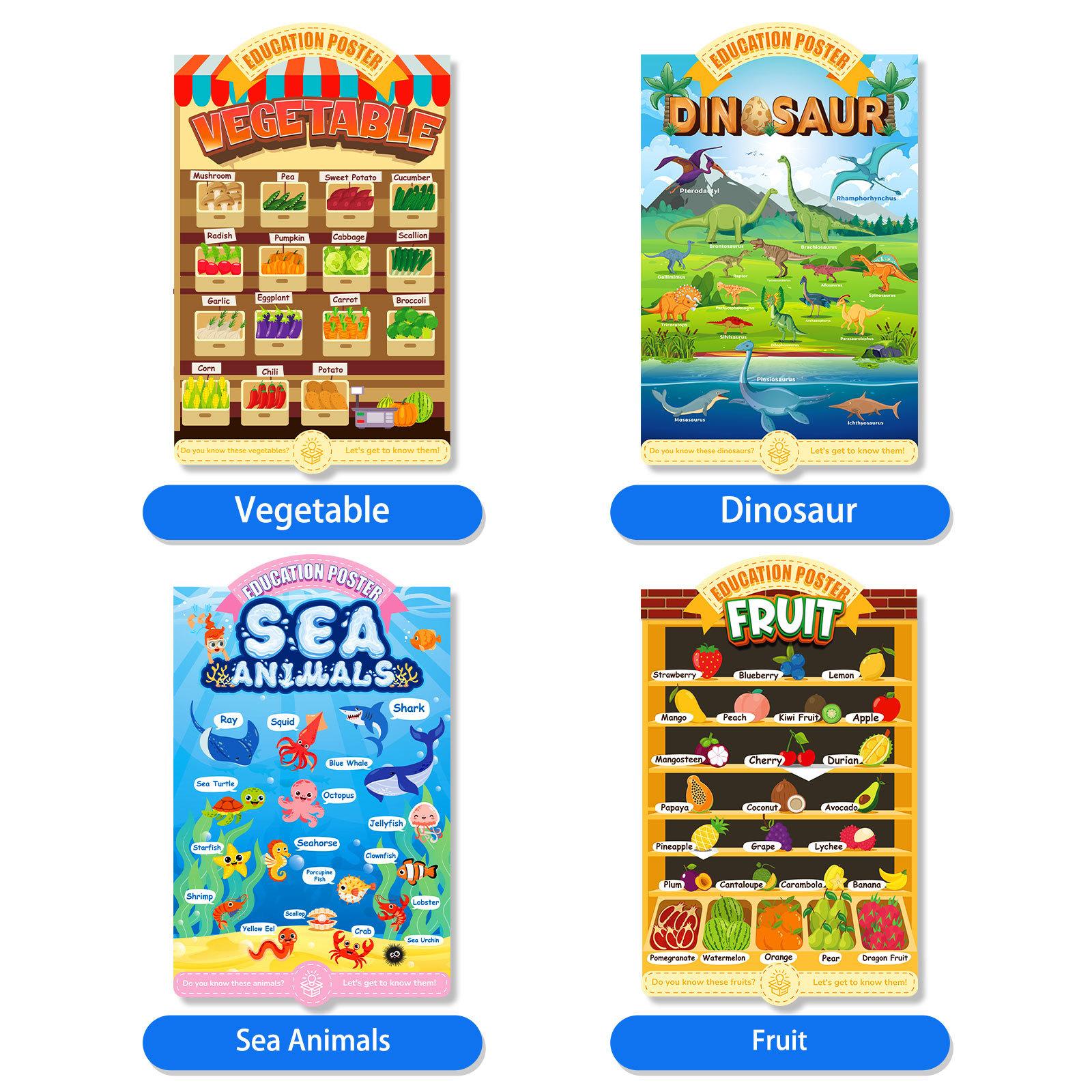 

4 Sheets/Set Of Children S Early Education Cartoons, Hanging Paintings, Marine Creatures, Dinosaurs, Fruits And Vegetables, Education