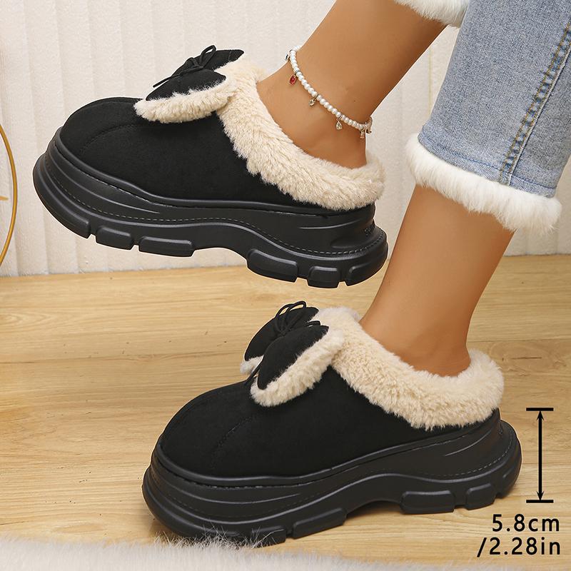Fashion Bowknot Decor Platform Slippers Women Comfortable Non Slip Warm Fluffy Slippers Woman Thick Sole Fleece Lining Home Slides Shoes