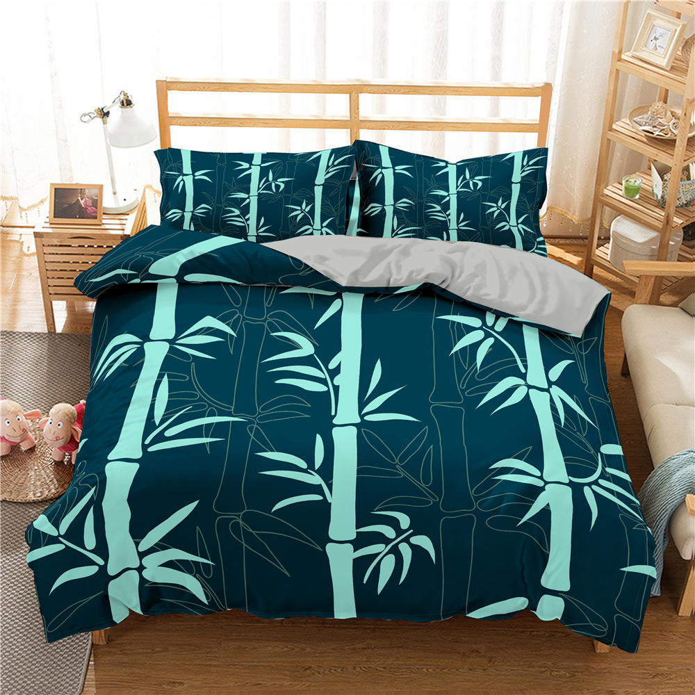 Pflanze Bambus Bettbezug KingQueen Größe Grünes Bambusblatt Zweigmuster Druck Bettwäsche Kollektion Weich 23 Teile Polyester Deckenbezug