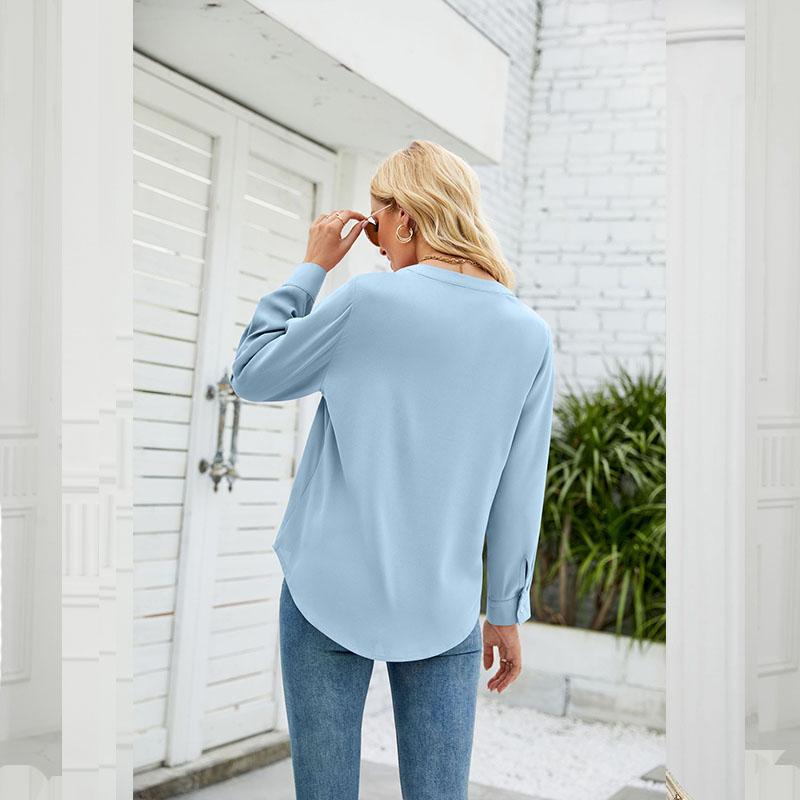 Letnia koszulka damska Szyfonowa koszula w jednolitym kolorze Luźny sweter z dekoltem w kształcie litery V, z długimi rękawami