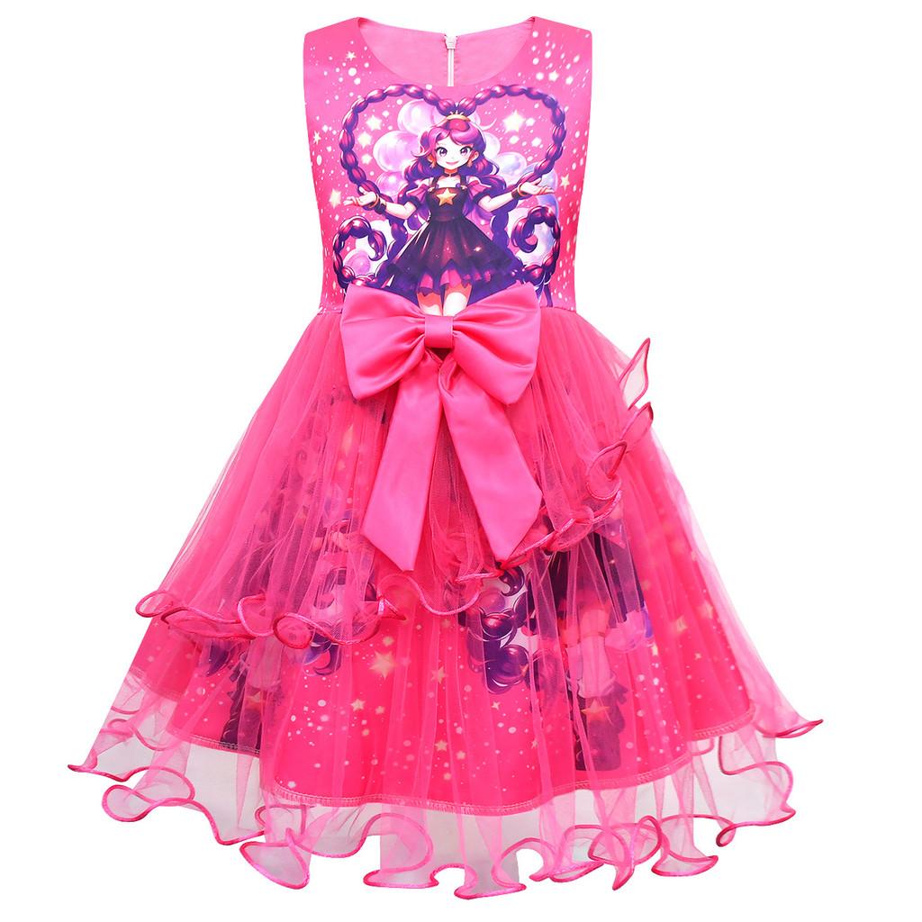 83150 Children Girls Lily Lovebraids Game Anime Print Bow Mesh Princess Dress 100cm розы красного