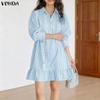 VONDA Women Casual Loose Turn Down Collar Long Sleeve Striped Ruffled Shirt Dress