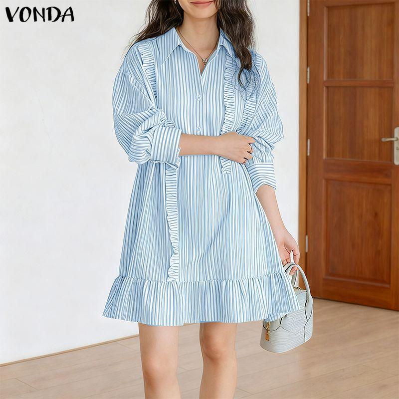 VONDA Women Casual Loose Turn Down Collar Long Sleeve Striped Ruffled Shirt Dress