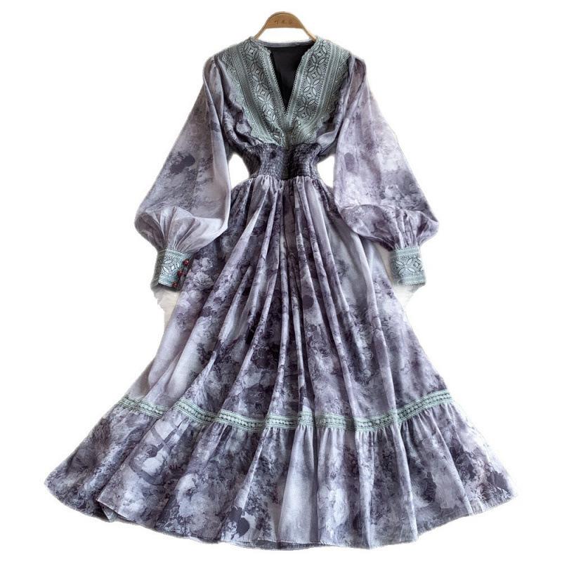 French Lace Splicing V-Neck Lantern Sleeve Dress Women's Summer Printing Waist Lotus Leaf Swing Dress Chiffon