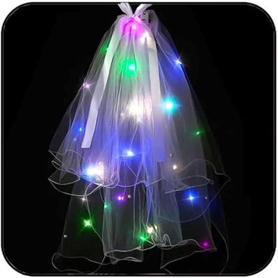 Dvouúrovňové LED svatební závoje s klipem do vlasů Nevěsta Svatba Závoj Bílá/Vícebarevná Osvětlený Okraj Tužky Zářící Párty Klub Výrazné Pokrývky Hlavy pro Ženy
