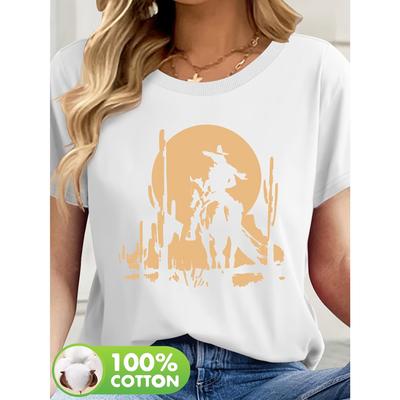 Camiseta Casual de Manga Curta com Gola Redonda Estampada Padrão Cowboy Montando um Cavalo Verão Feminina Camiseta Western