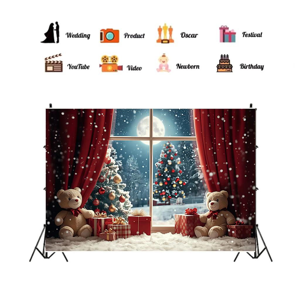 1Pc Christmas Red Curtain Teddy Bear Gift Pattern Tapestry, New Year Photography Background Tapestry, Aesthetic Wall Hanging,