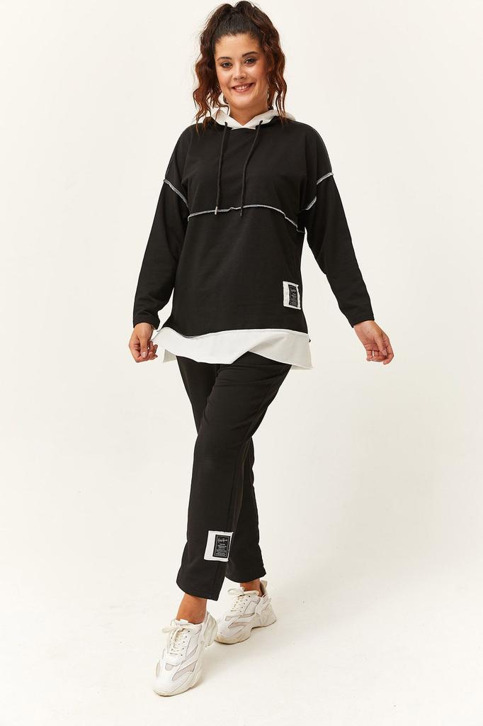 Damenmode Übergröße Trainingsanzug Set Plus Size Weiß Garni Detaillierter Trainingsanzug Schwarz Set