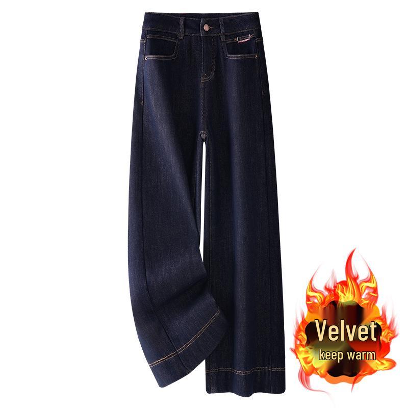 Ancola Women's Red Fleece-Lined Wide-Leg Jeans, Autumn/Winter 2024 Retro High-Waisted Slim Fit