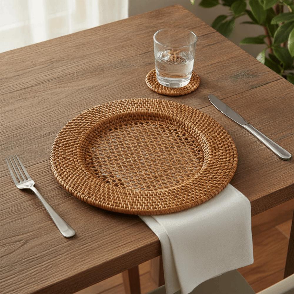 Vassoio Rotondo in Rattan Intrecciato Nordico Sottopiatto Decorativo Decorazione Tavola Vassoio per Servire Snack Oggetto per Foto