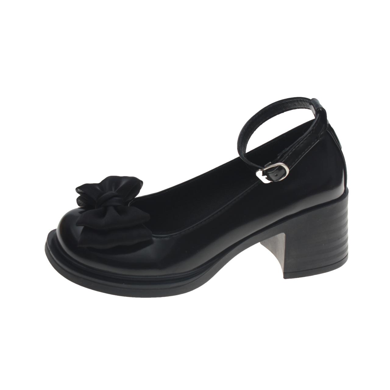 

Туфли Мэри Джейн женские весенние туфли в британском стиле с бантом на толстом каблуке с круглым носком модные милые маленькие кожаные туфли 40 чёрный