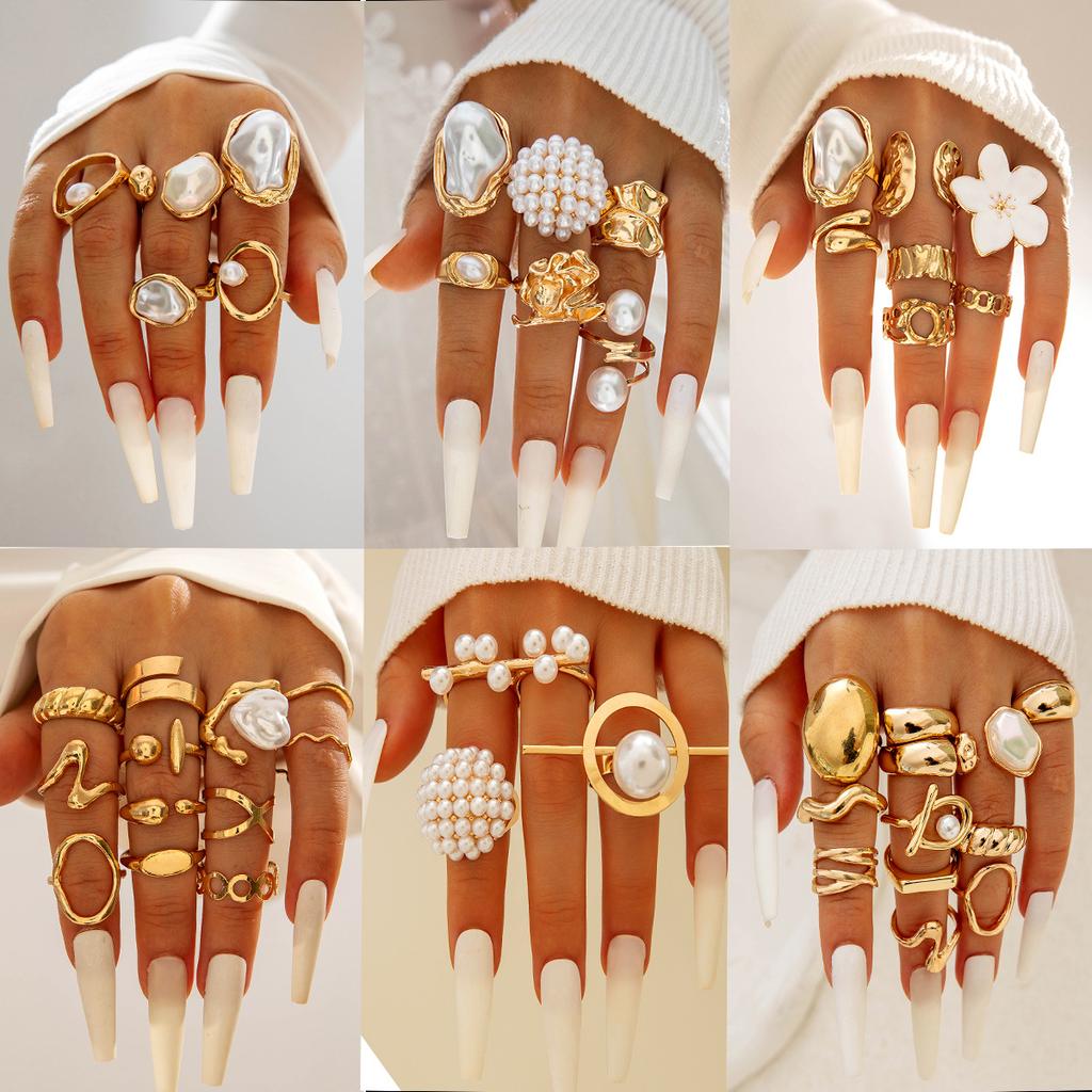 Accessories, versatile stacked wind special-shaped pearl ring, irregular dripping flower ring set