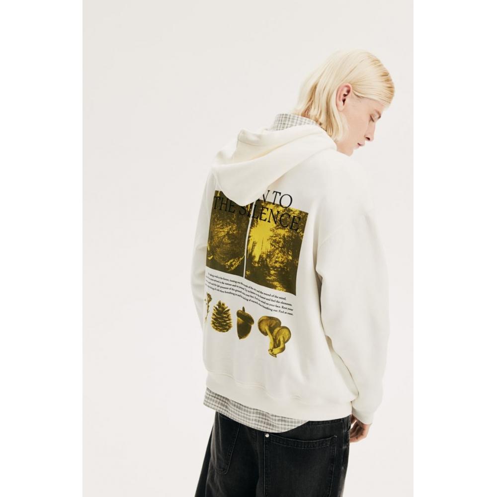 H M Loose Fit Print Hoodie wHite Silence