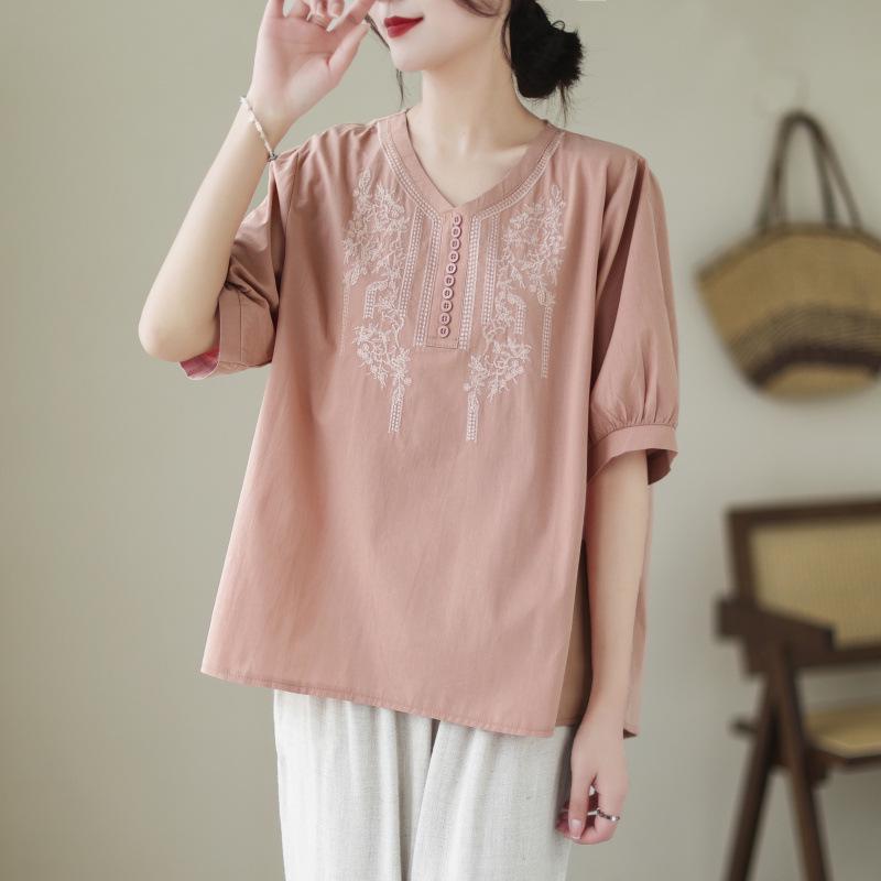 2026 Korean Style Plus Size Cotton-Linen Embroidered Top & Pants Set for Women L