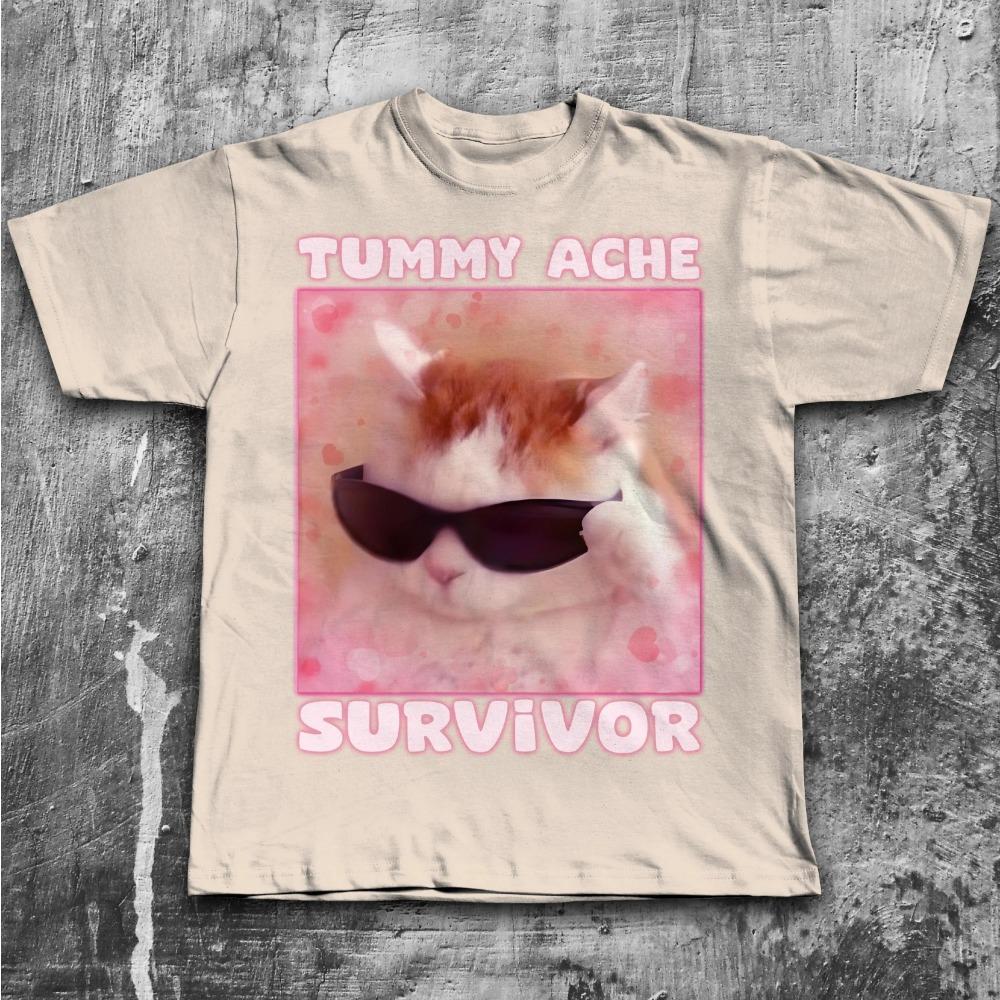 Tummy Ache Survivor Funny Cat Meme Tshirt Gift for Men Goofy Ahh Cats Tee Trendy Summer Clothes Men Clothing